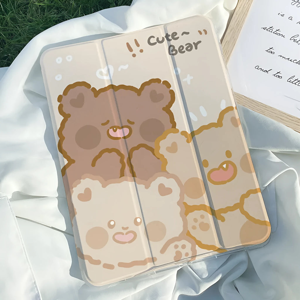 Rabbit cartoon design on a flat tri-fold silicone case for an iPad.