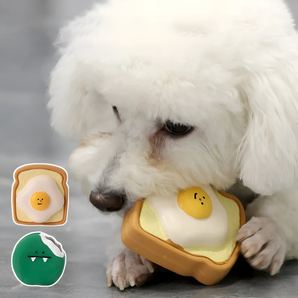 Yellow cartoon egg bread shaped latex dog chew toy with bite resistant design