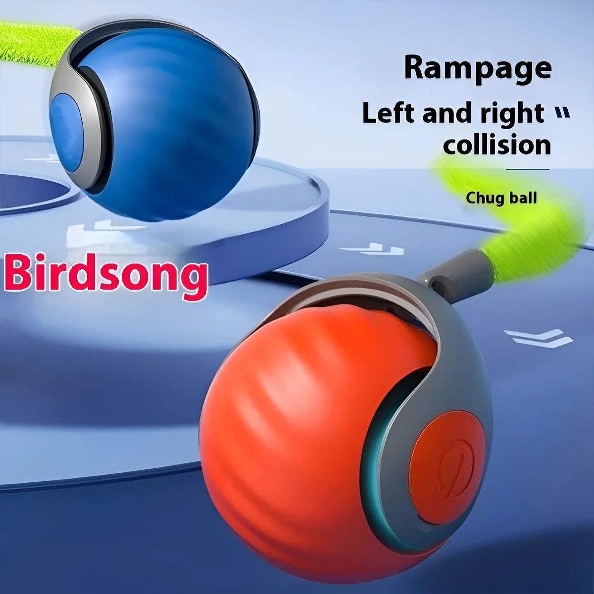 ABS pet toy ball in sky blue, green, orange, red, or grey with tetherball, plush, sudden ball, or bird sound style options