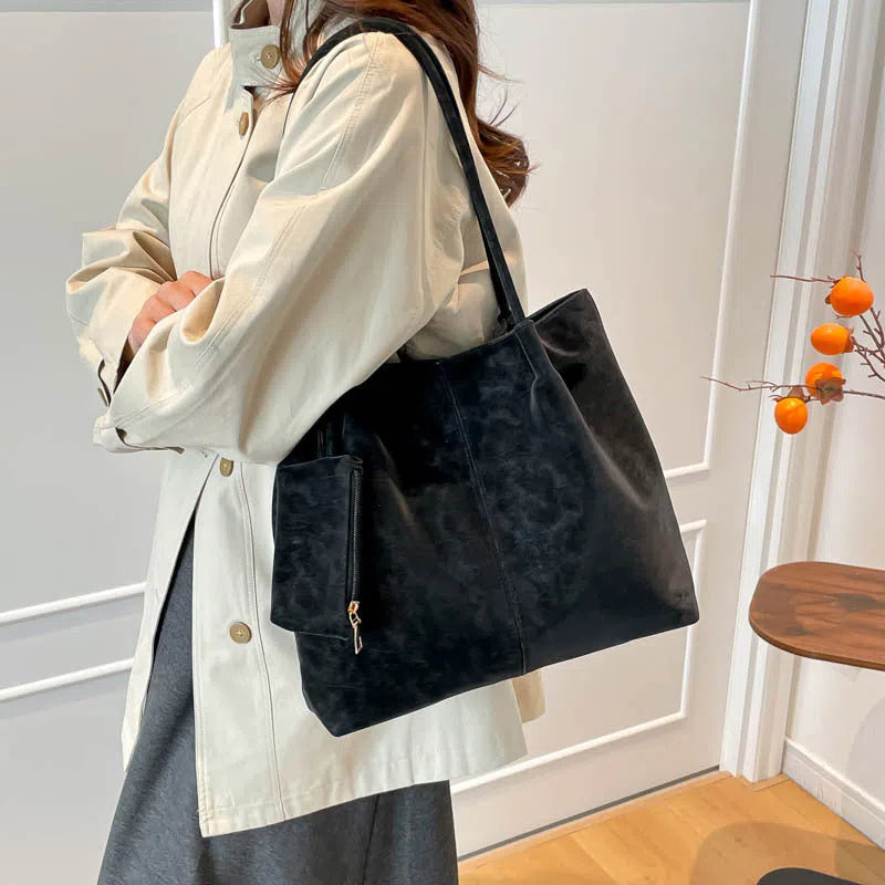 Women's large-capacity matte suede shoulder bag in horizontal rectangle shape with stitched seams