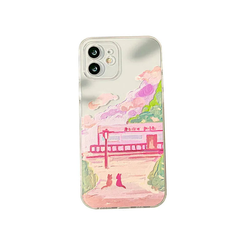 Soft silicone iPhone case with a colourful two cat cartoon design on the back.