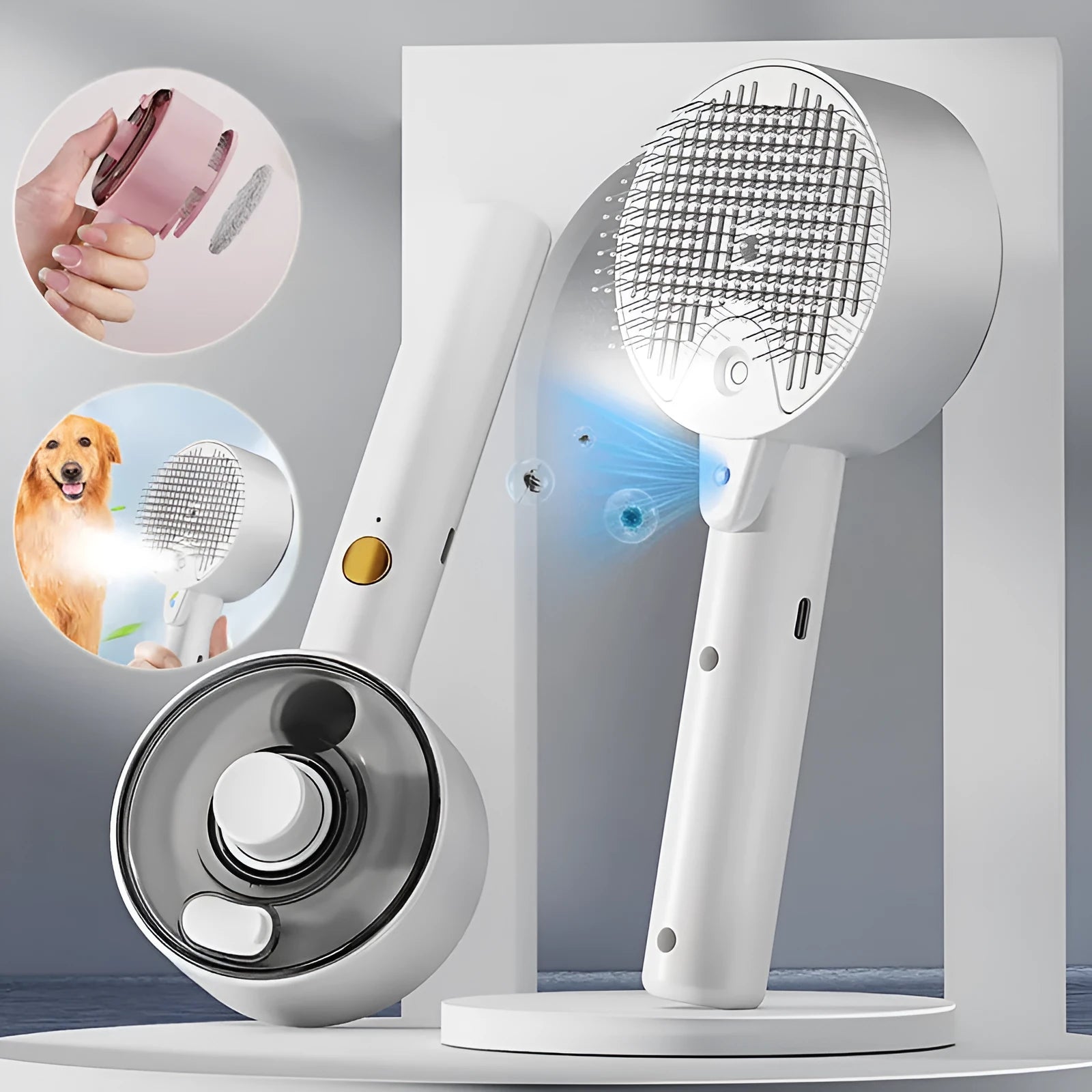 Ceramic white pet grooming brush with UV sterilisation light and spray function for dogs and cats