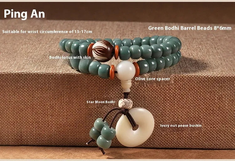 White jade bodhi green sandalwood bracelet with bead construction and double ring safety buckle