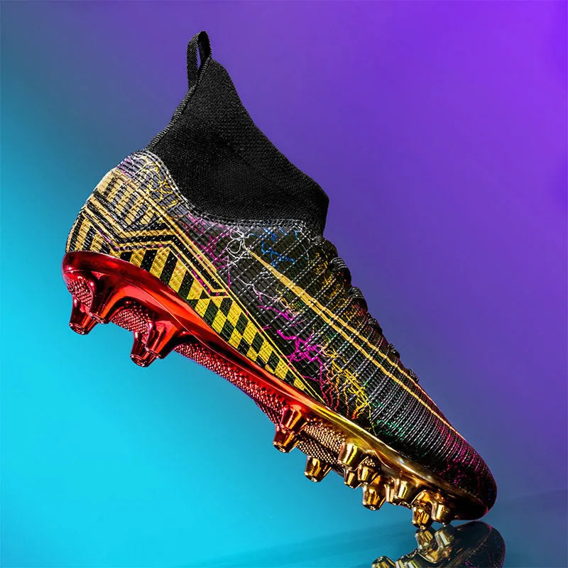High-top soccer training shoes with gold bottom detail on artificial grass surface