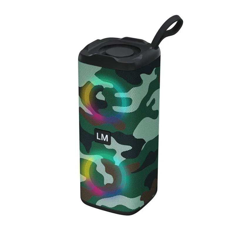 Bluetooth portable speaker with dazzling light effects, water-resistant plastic body, 76x73x186mm, available in black
