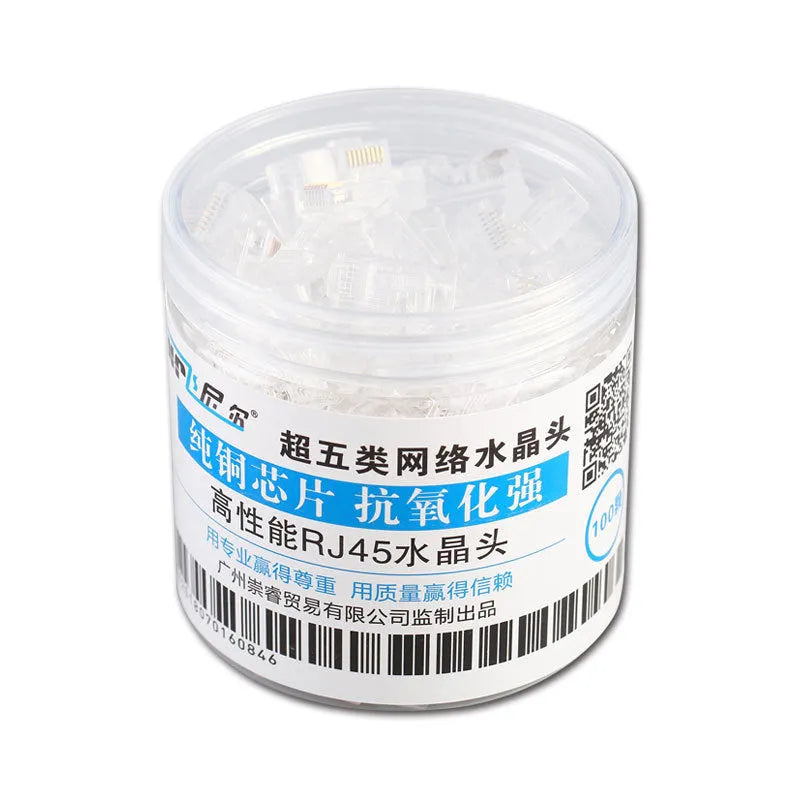 White Category 6 RJ45 crystal plug in canned pack with 100 pieces, injection moulded