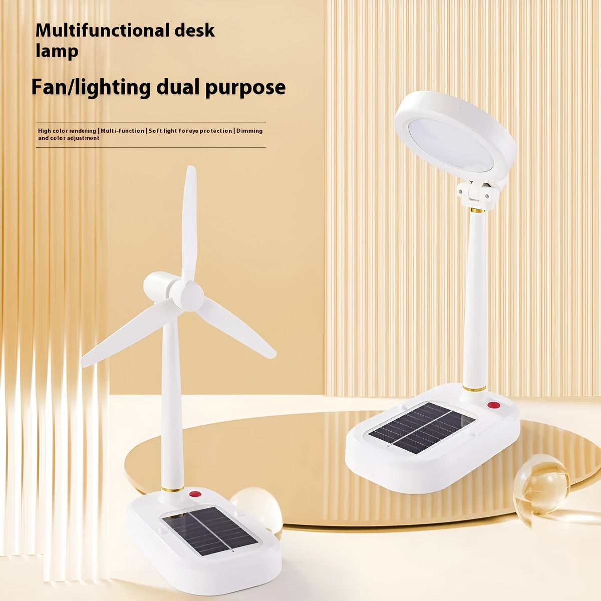 Ivory white solar-powered table fan with integrated LED desk lamp on a wooden table.