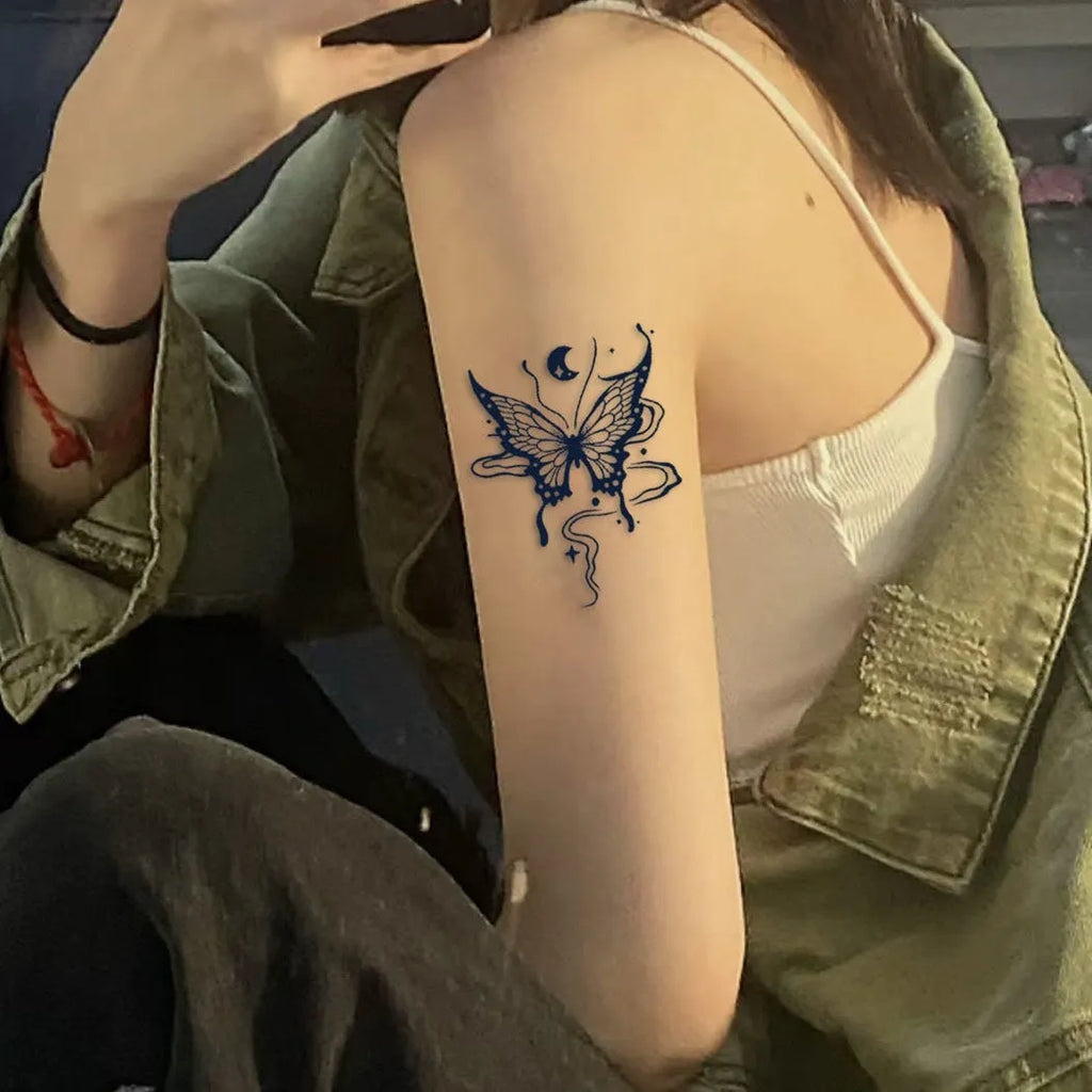 Water transfer tattoo sticker with butterfly and rose pattern, measuring 6.9x9.6cm, for temporary skin decoration.