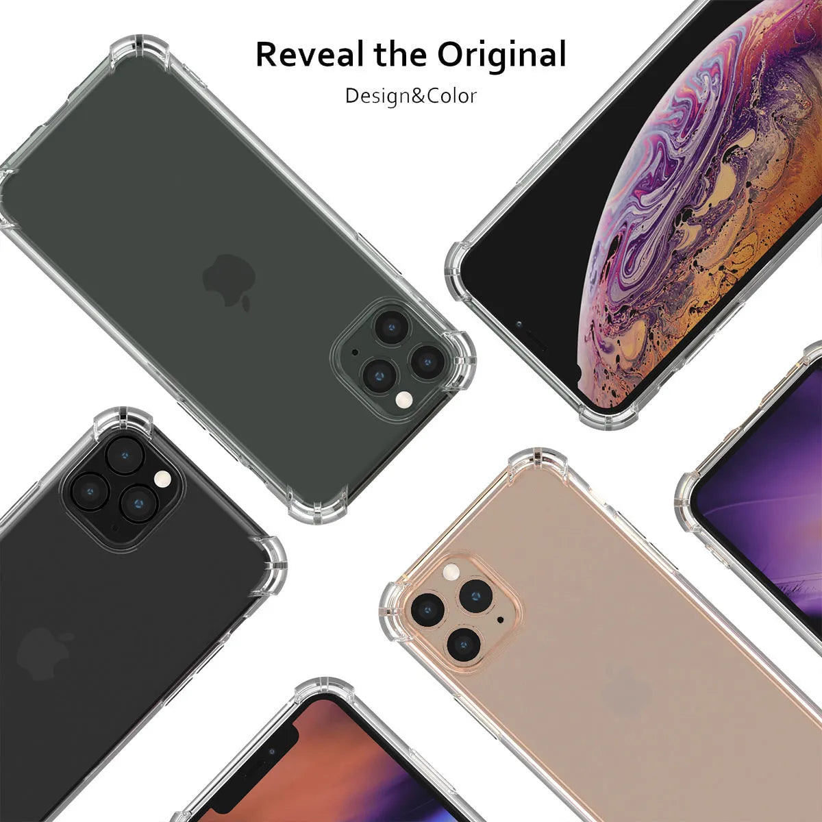 Clear transparent shockproof TPU phone case for Apple iPhone models on a white background.