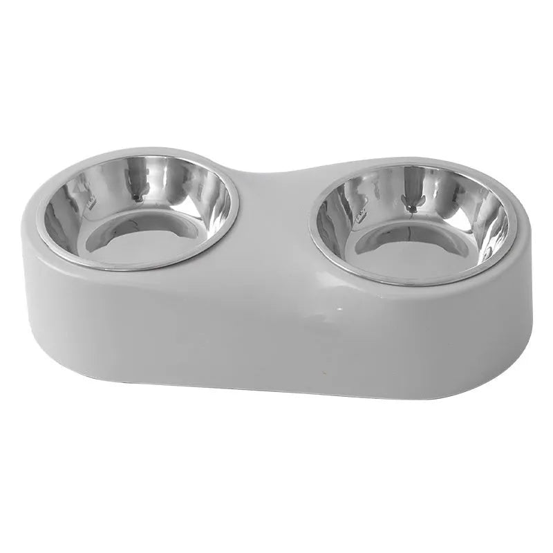Alloy solid color separation design cat water bowl in gray with two compartments showing stainless steel inserts