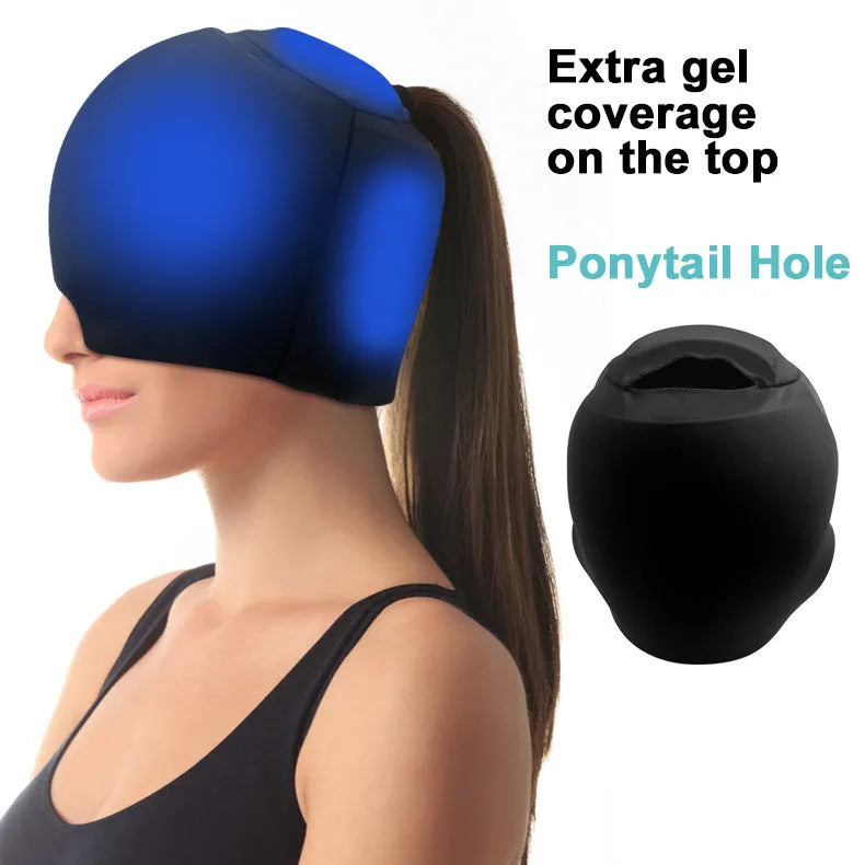 Simple solid colour cold compress cap in black, dark blue, or pink, made from polyester fabric.