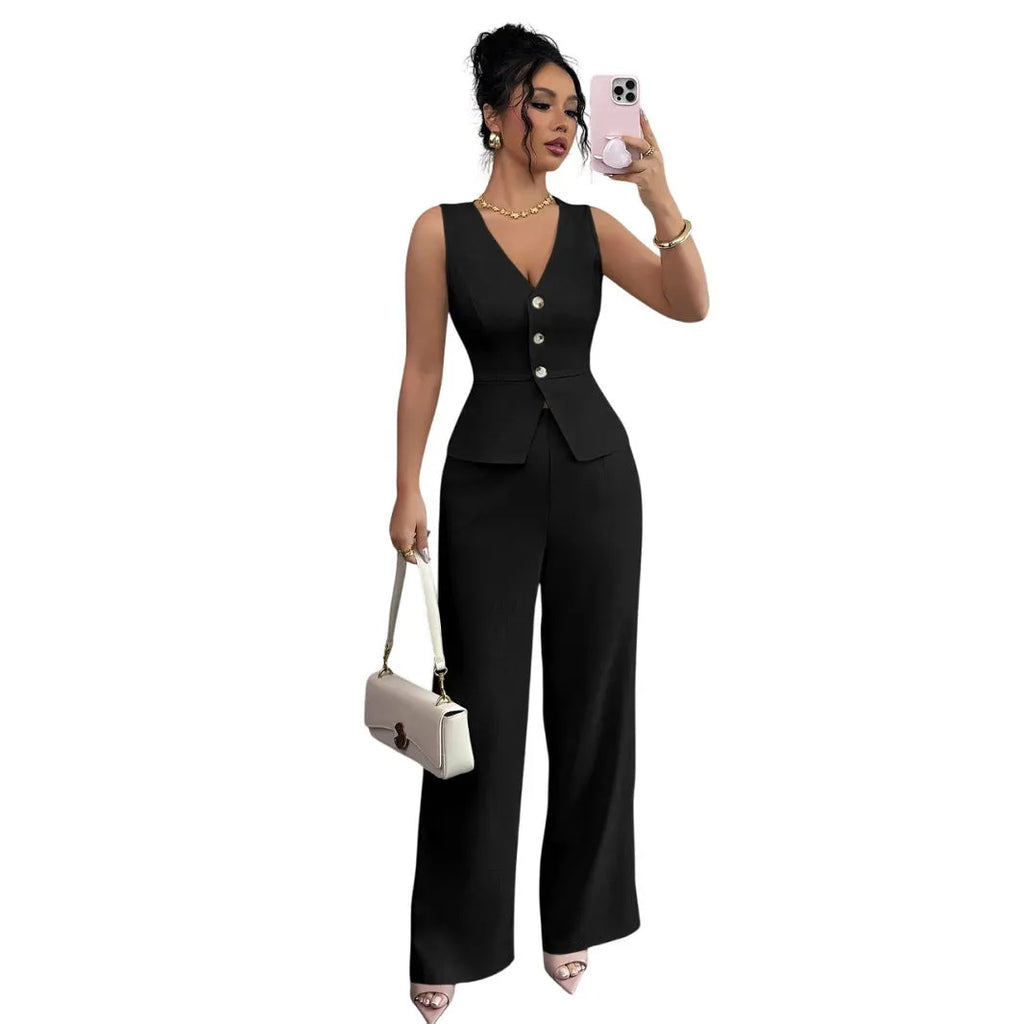 Women's solid colour sleeveless vest and high-waist trousers two-piece set in a casual style.