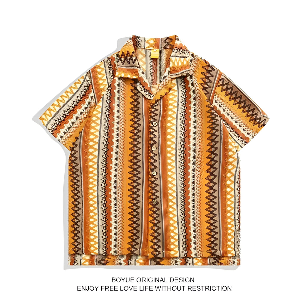 Men's ethnic pattern Cuban collar shirt with contrasting colours in loose fit summer design