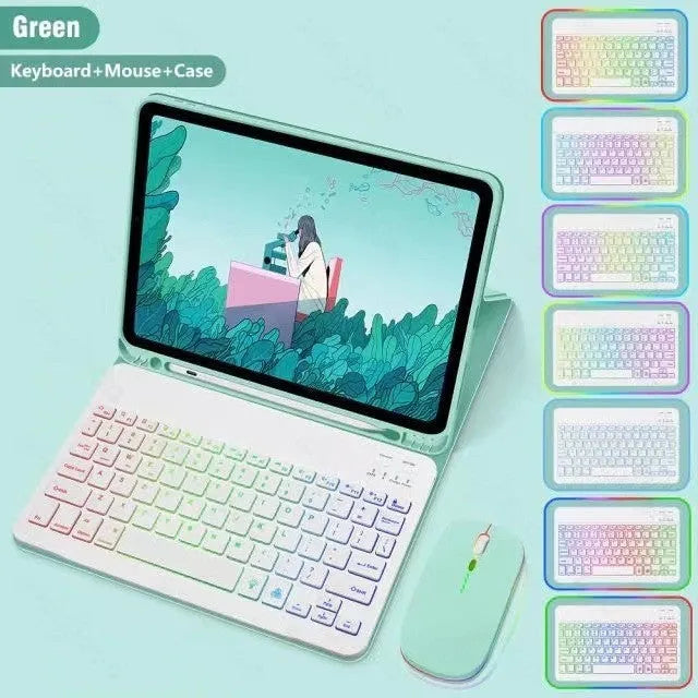 iPad protective leather case with luminous RGB backlit Bluetooth keyboard and optional mouse in various colours