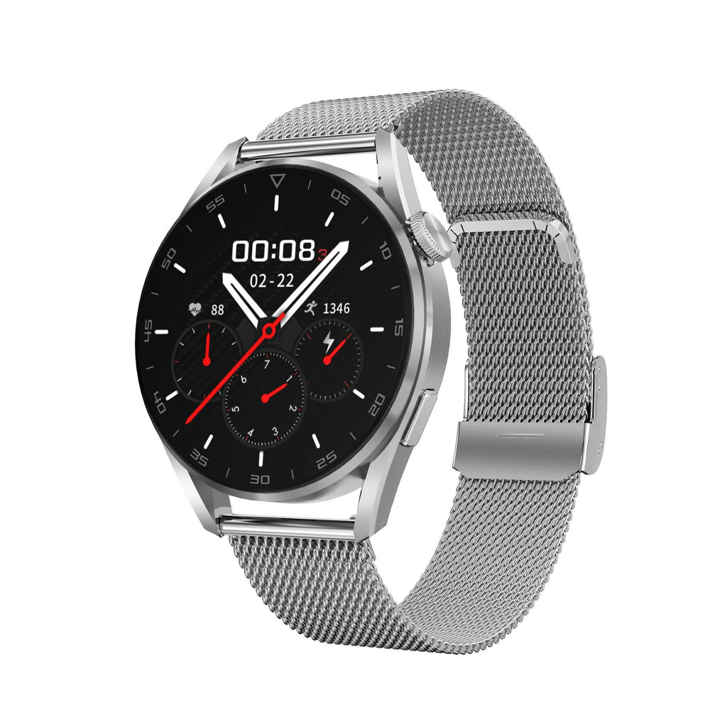 1.3 inch Bluetooth smart watch with metal strap showing call and QR scan features on display