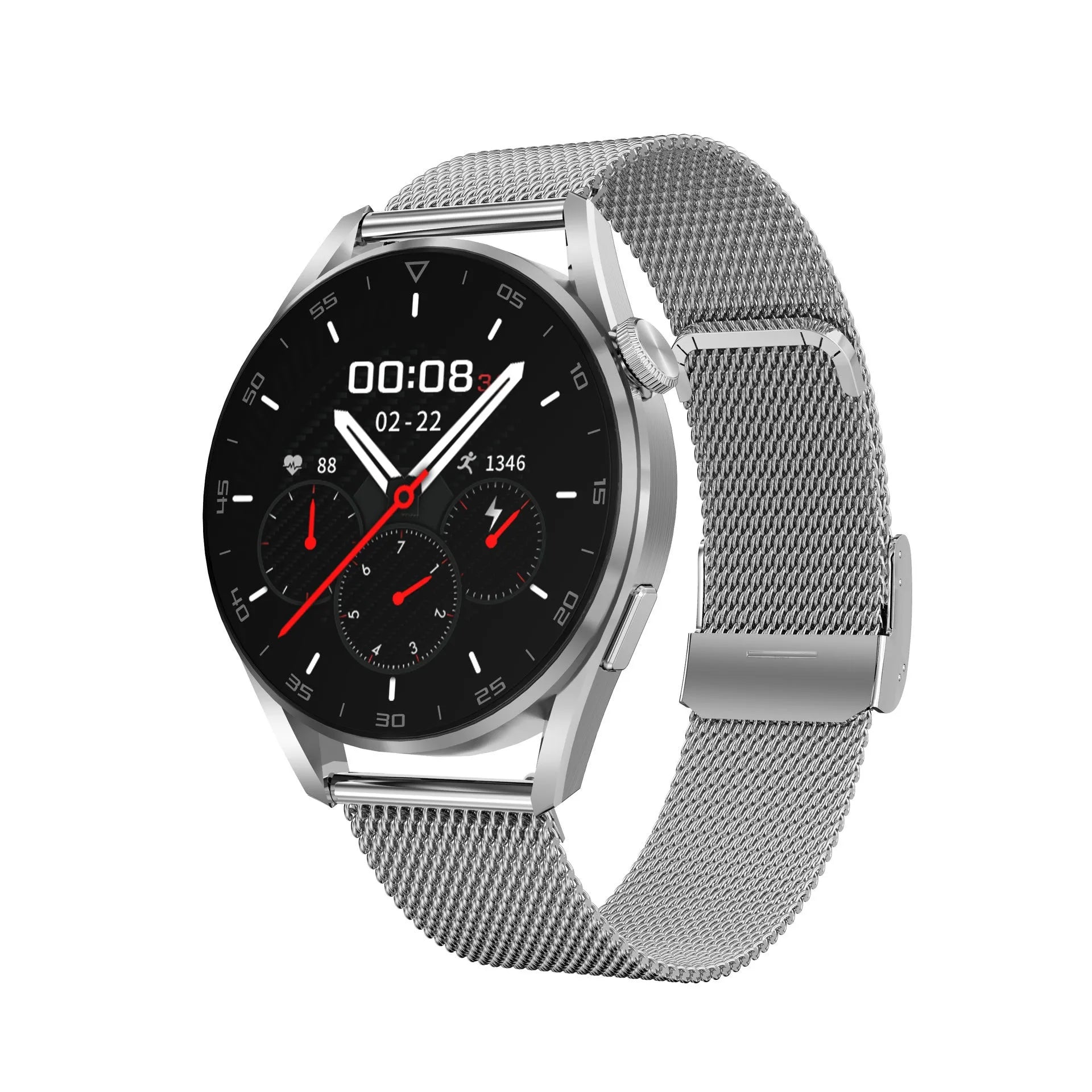 1.3 inch Bluetooth smart watch with metal strap showing call and QR scan features on display