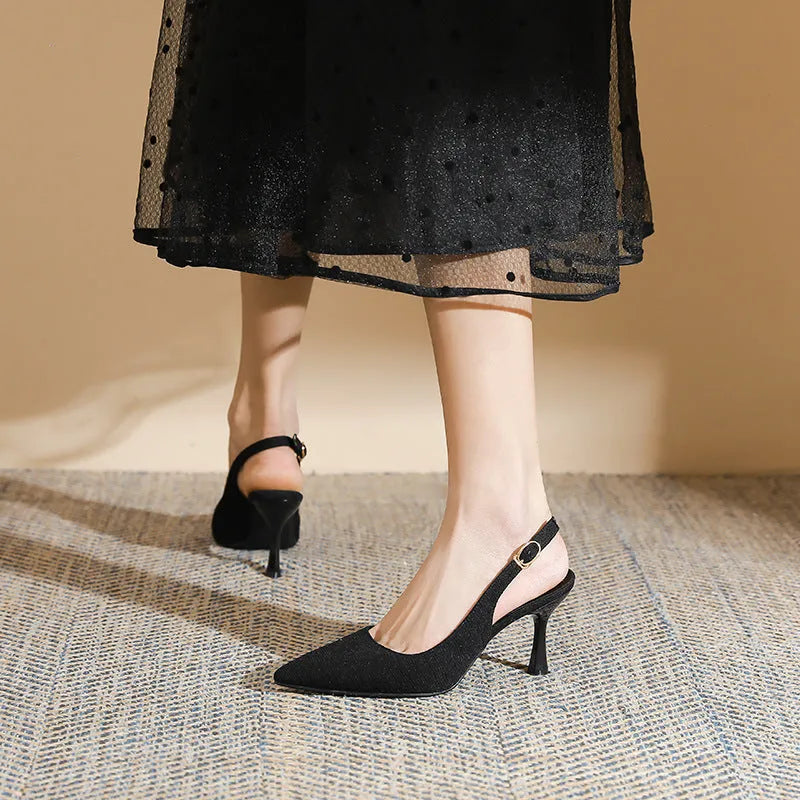 Women's stiletto slingback sandals in black or apricot with 5cm or 7cm heel, cloth upper and rubber sole.