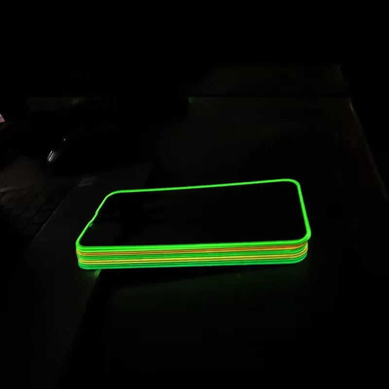 Fluorescent tempered glass full screen protector for iPhone in pink, yellow, green, blue, and grass green luminous colours.