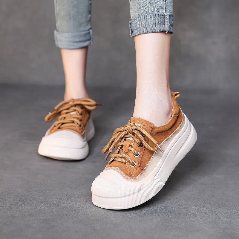 Women's full grain cow leather lace-up casual shoes in yellow and cameo brown colours