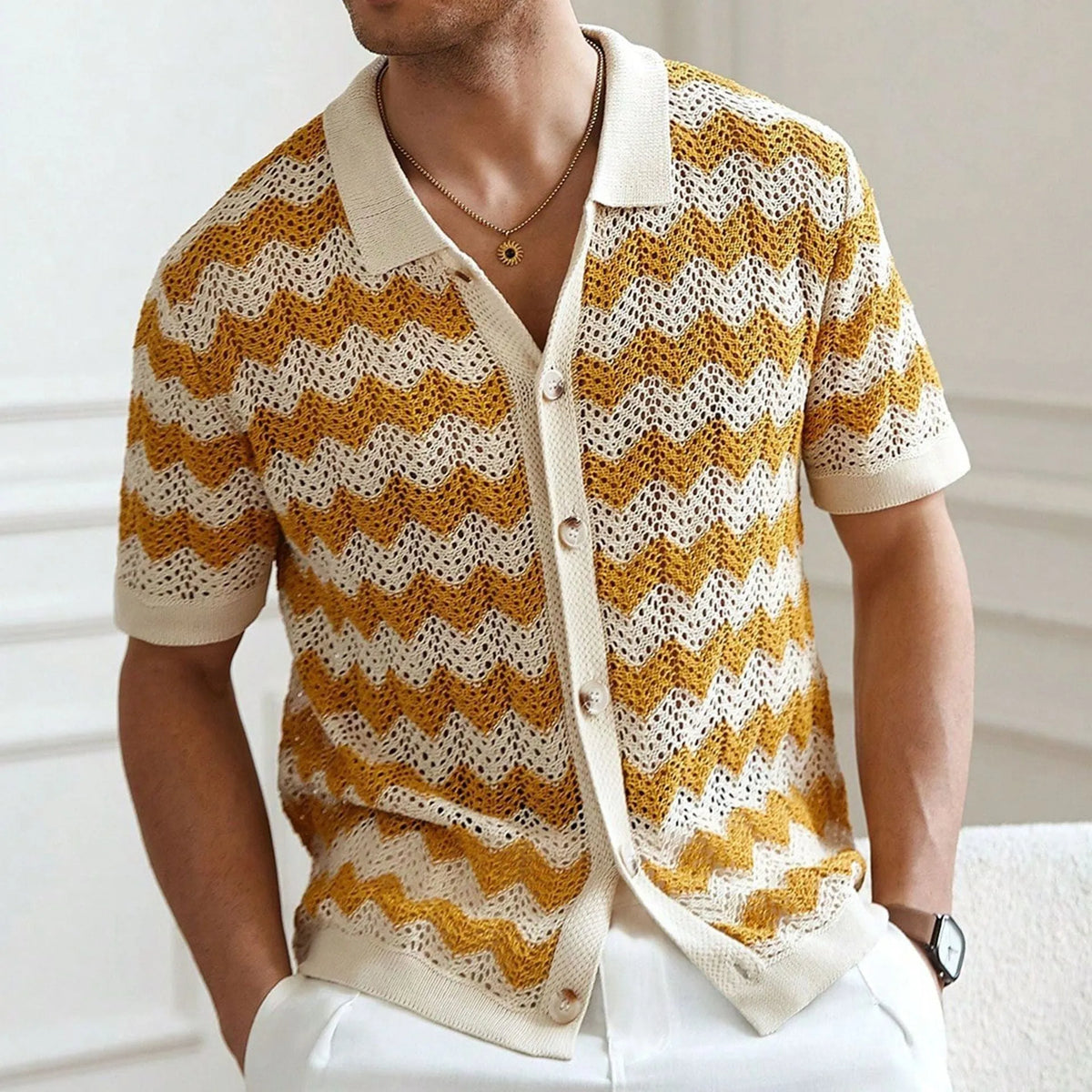 American-style hollow jacquard corrugated short sleeve summer sweater in yellow, blue, or brown colours