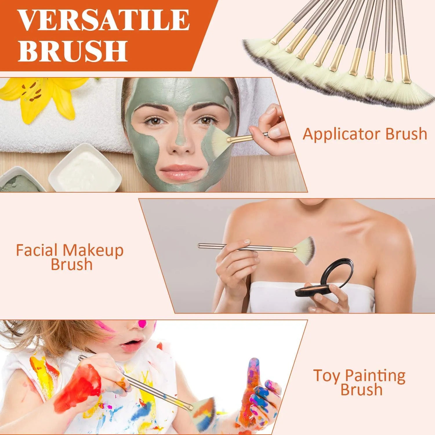 10 professional facial fan brushes with champagne handles and protective covers for makeup and skincare