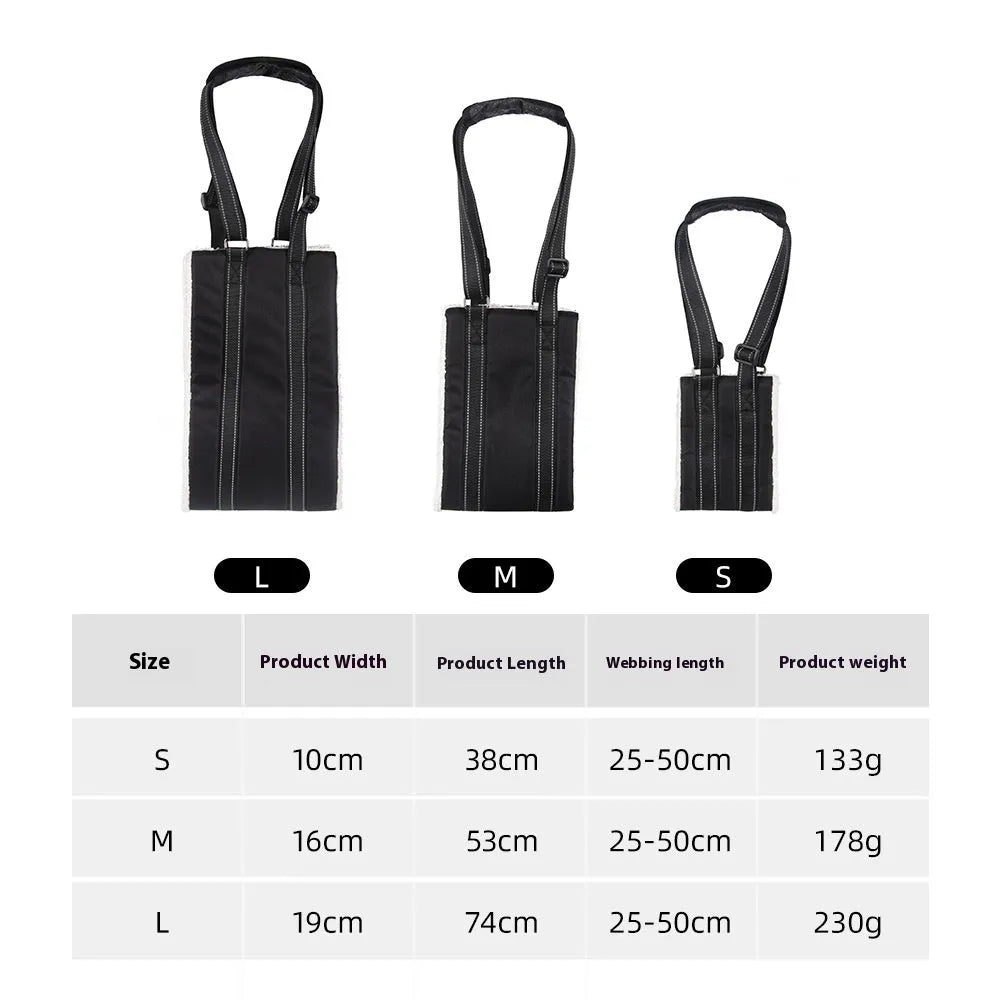 Black teddy plush adjustable dog rehabilitation training belt in sizes S M L XL with auxiliary tape