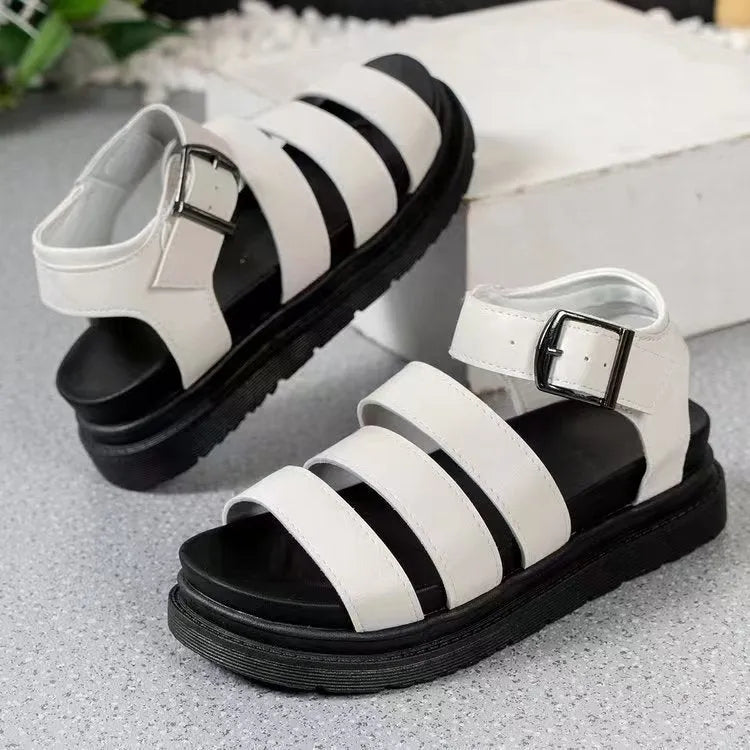 Thick sole beach sandals with PU upper and fish mouth toe design in black, white, and orange colours