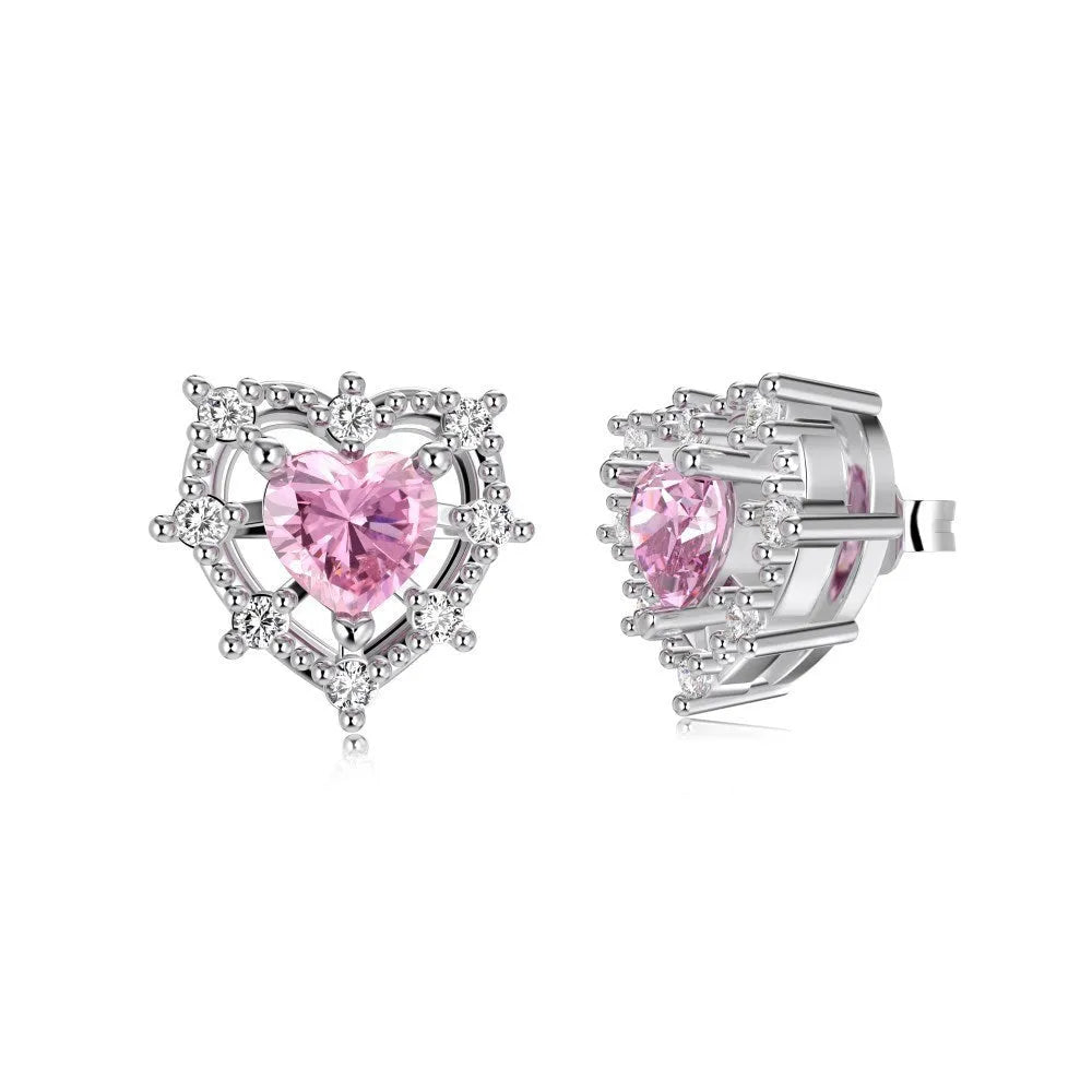 S925 silver heart zircon ear studs with electroplated finish, geometric heart design, one pair