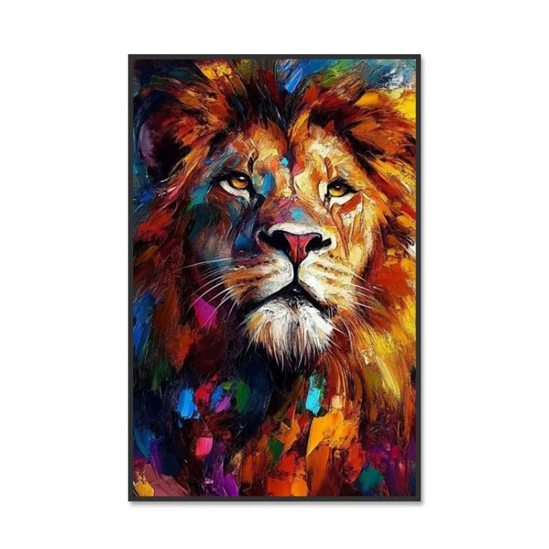 Hand painted colourful lion oil painting on canvas, modern abstract animal wall art, no frame, vertical orientation