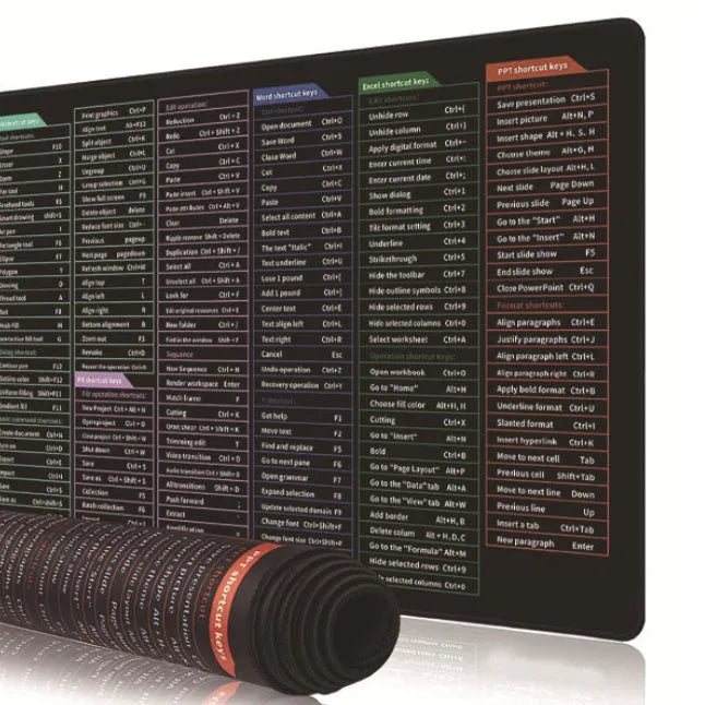 Large office mouse mat with printed English keyboard shortcut keys on natural rubber base