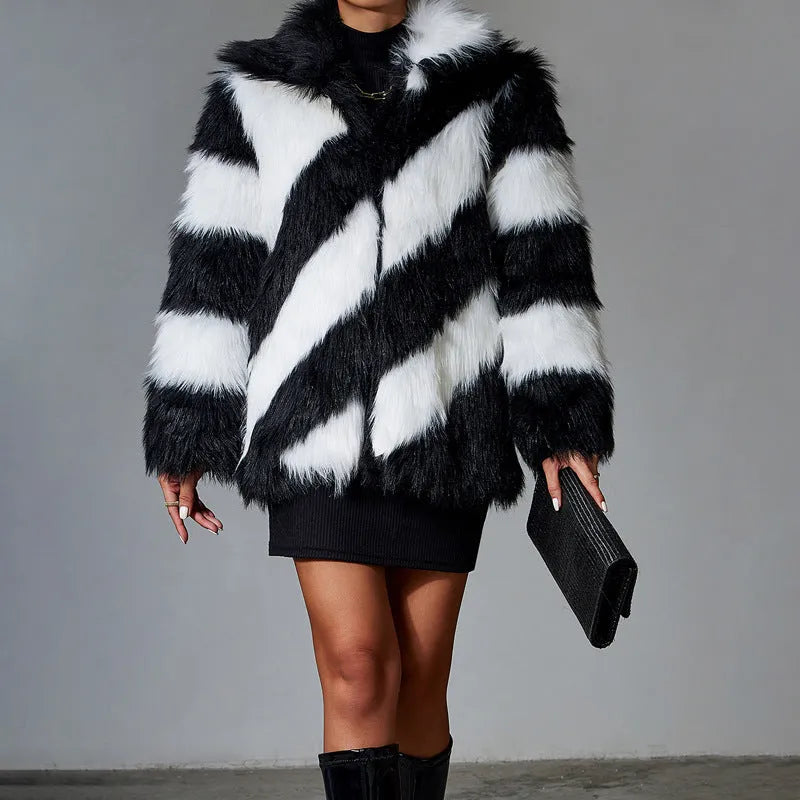 Faux fur coat with contrast lapels and matching fur collar showing 50cm length