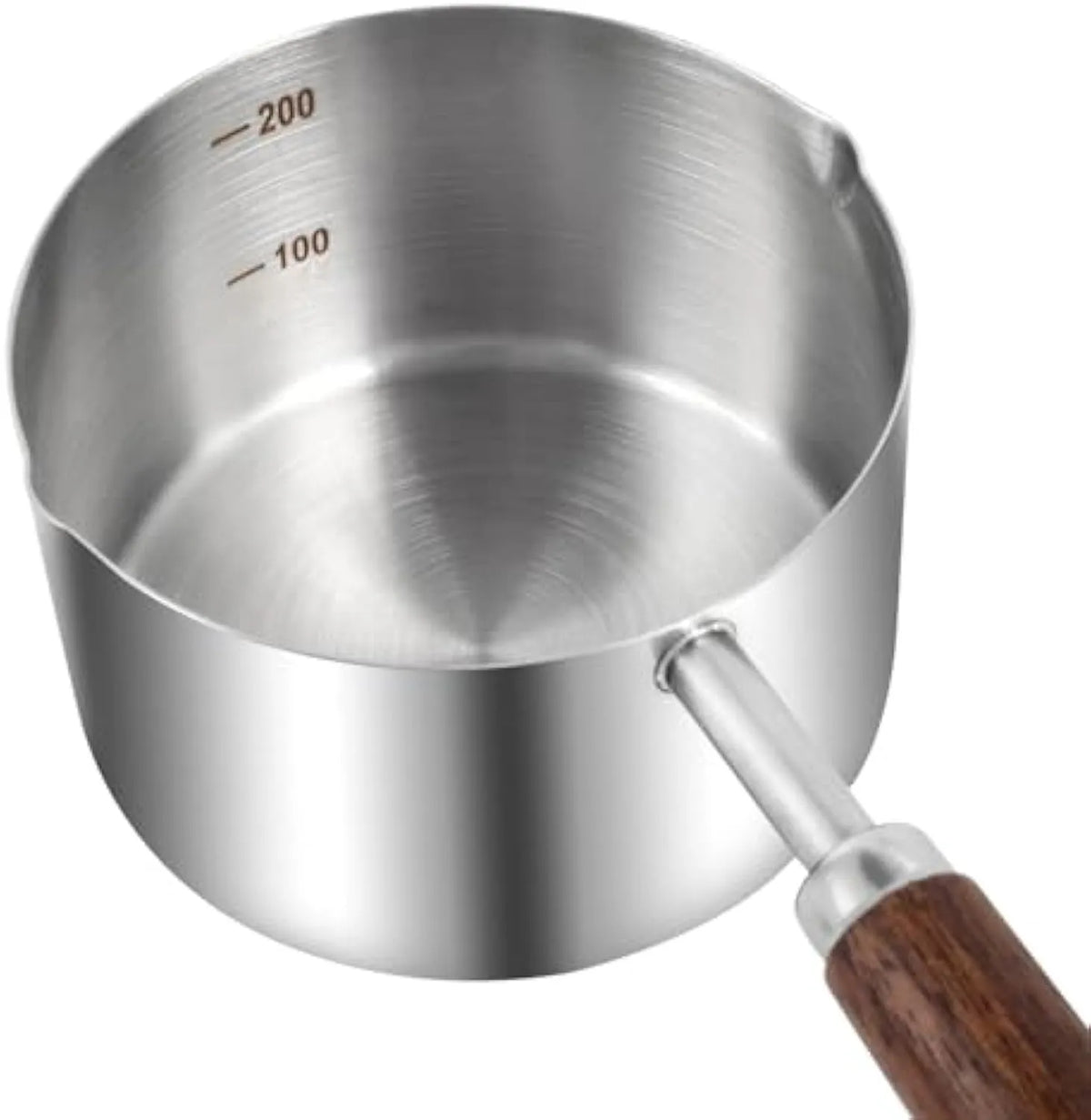 Two 304 stainless steel dog food scoops with wooden handles on a surface