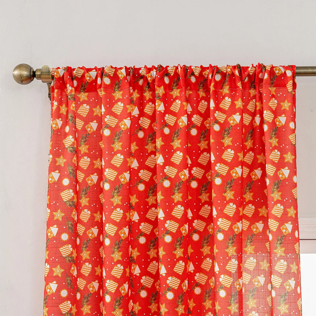 Green Christmas curtain with printed snowman and angel cartoon pattern