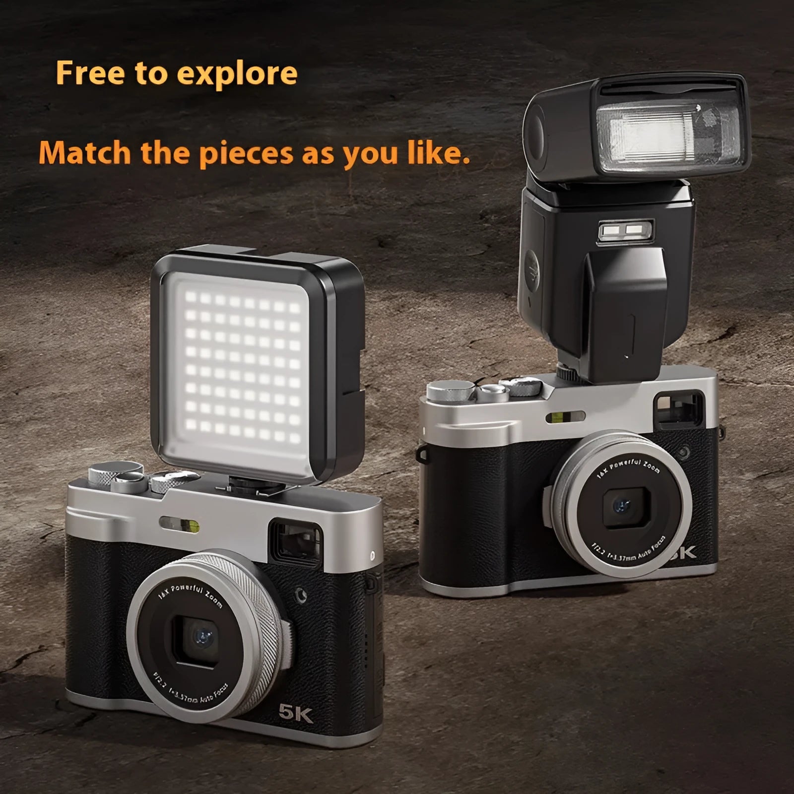 Black or brown 5K digital camera with dual lenses, optical viewfinder, and 2.88-inch screen.
