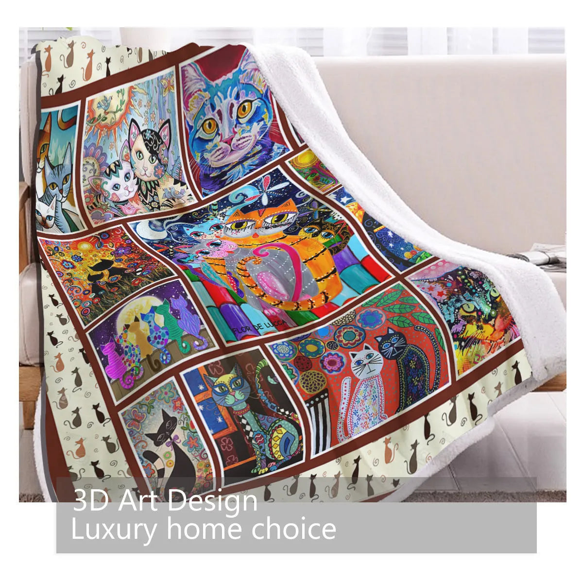 Multicoloured cat themed Sherpa fleece blanket 130x150cm with hemmed edges on a sofa