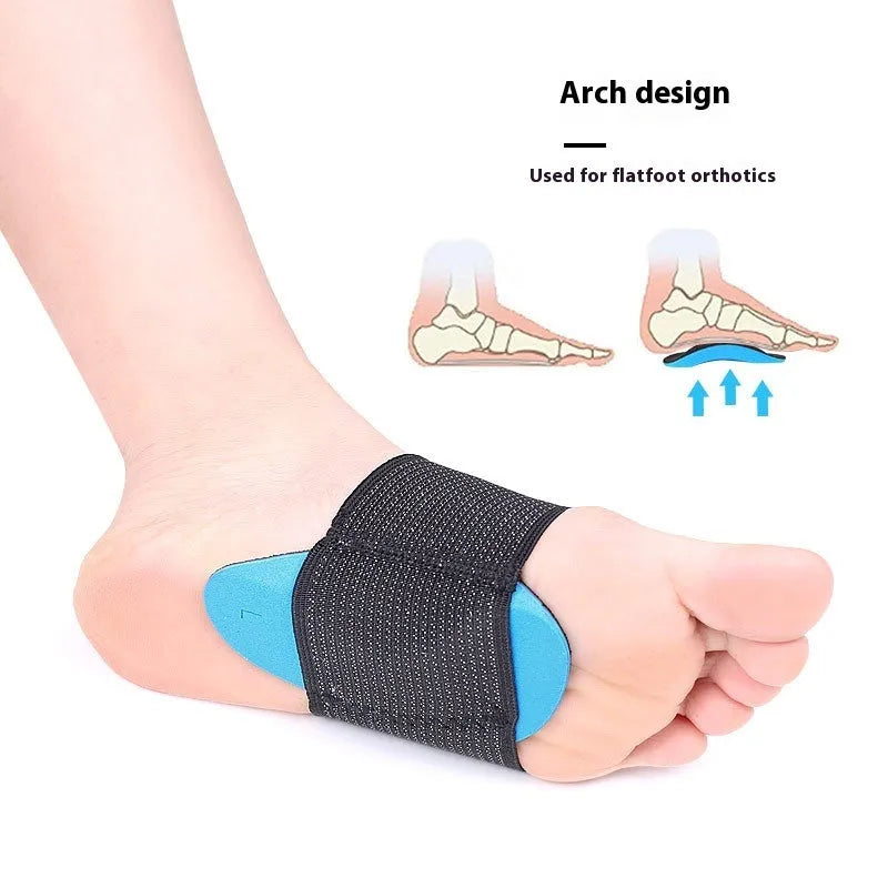 Blue flat foot arch support pads with elastic bandage sole design for adult and children sizes