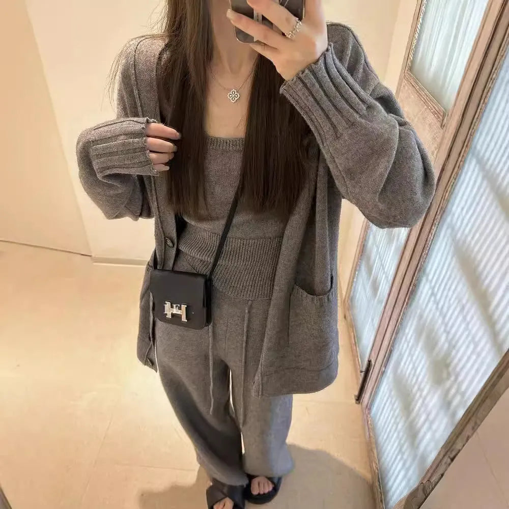 Women's knit cardigan vest suspender pants three-piece set in light brown colour
