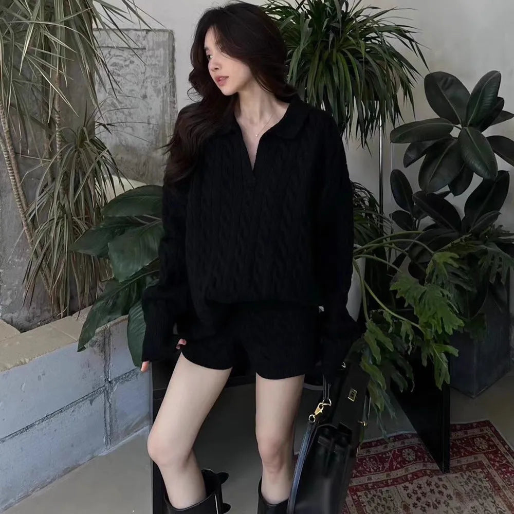 Ladies knitted shorts suit with cable knit geometric pattern, elastic waist shorts and long sleeve sweater