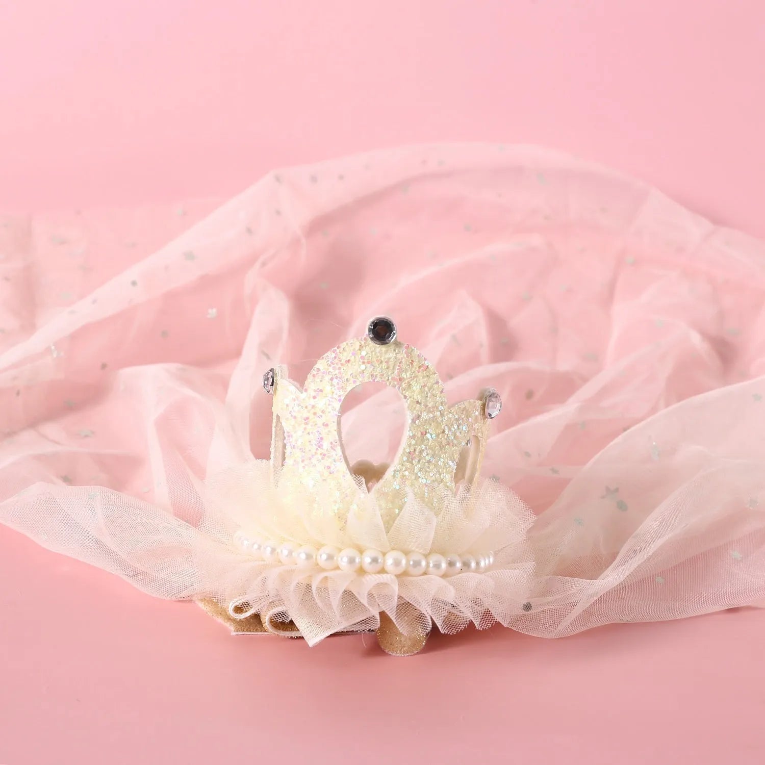 Beige and pink pet crown headdress with veil for cats at weddings and birthdays