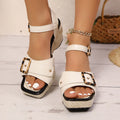 Women's white chunky heel sandals with metal buckle and square toe design