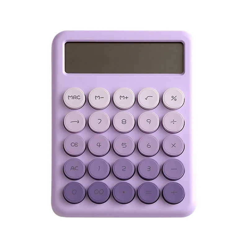 Gradient colour desktop calculator in ABS plastic showing violet, blue, green, and pink colour options
