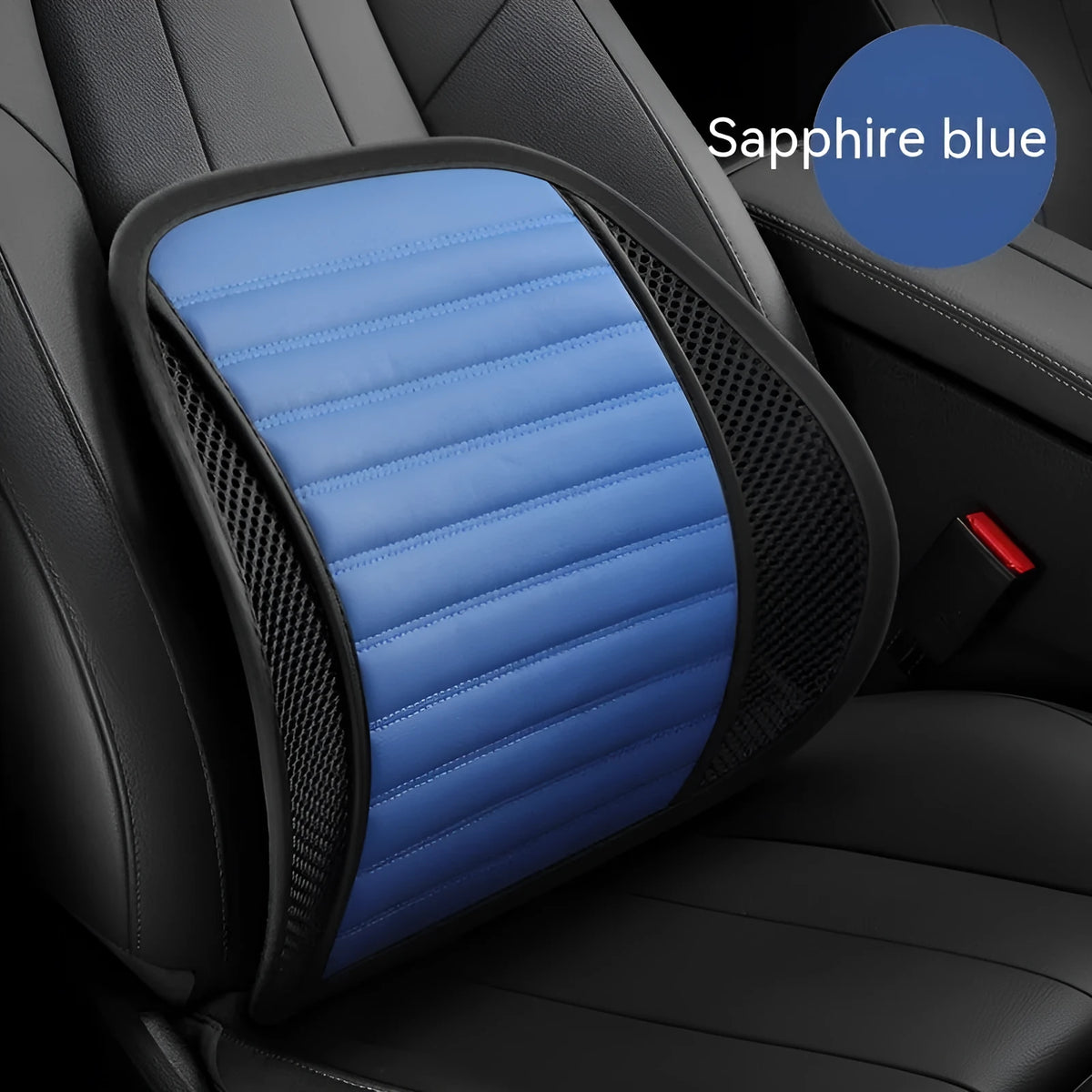 Leather lumbar support pillow for car seat in choice of five colours: blue, brown, black, ivory, and pink.