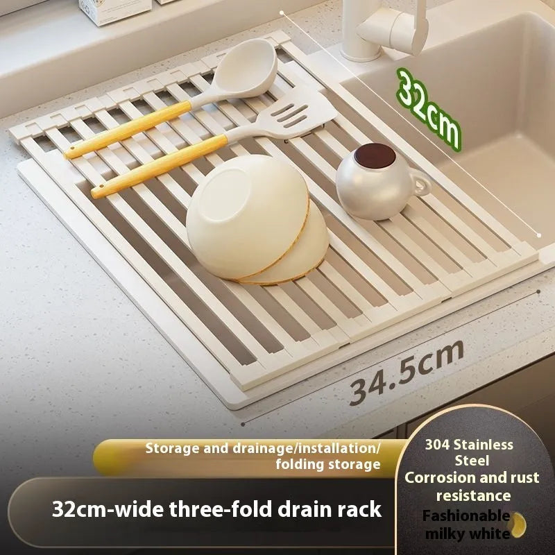 Milky white 304 stainless steel foldable kitchen draining rack over sink