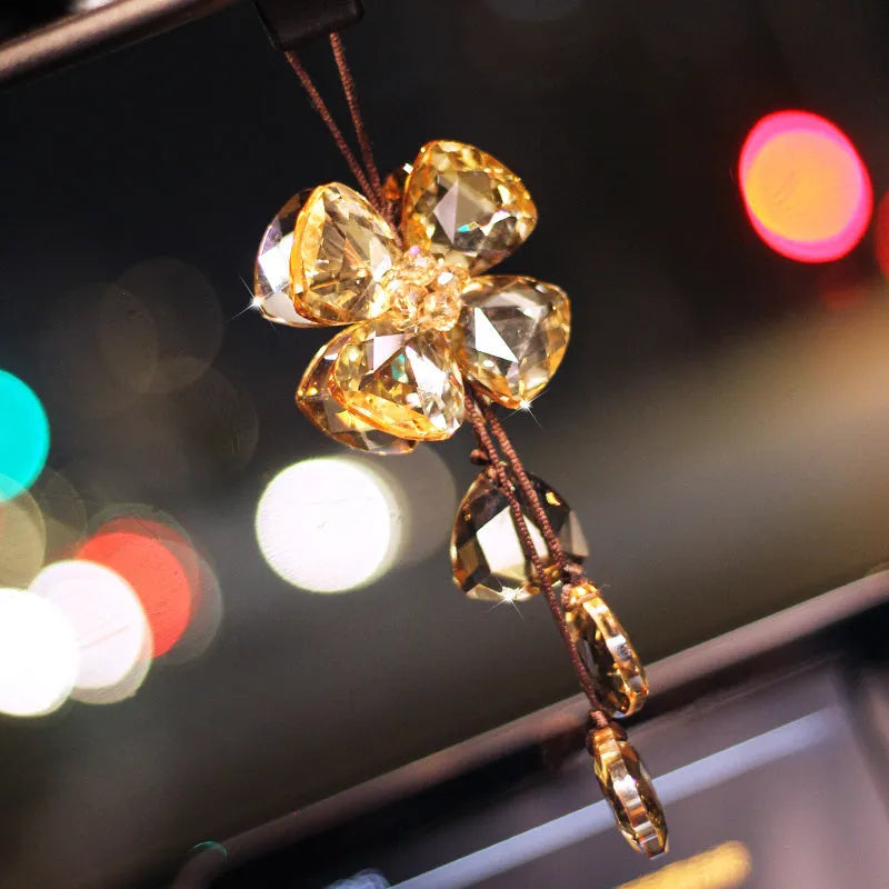 Crystal four leaf clover car pendant ornament in transparent, champagne, black, or shiny finish, approx 20 cm.