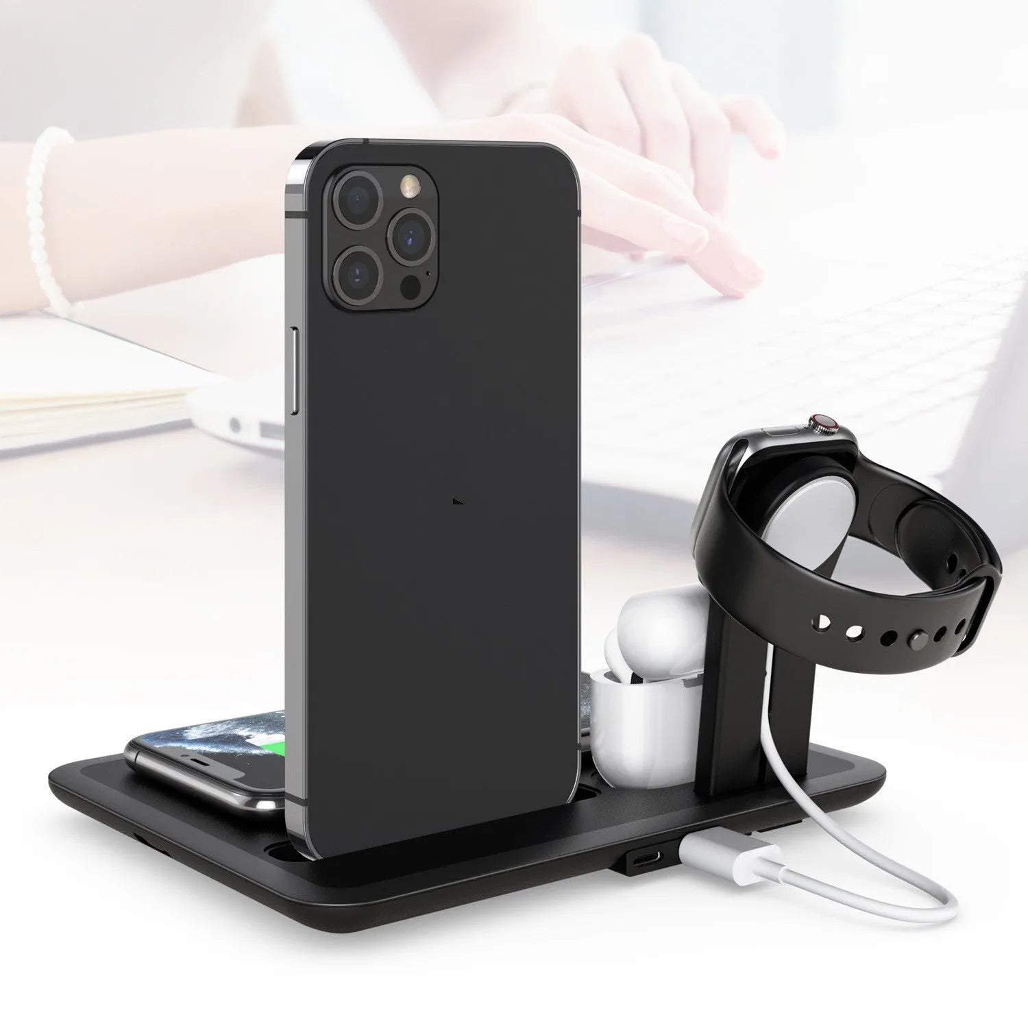 Black or white desktop wireless charging station bracket for phones, headphones and watches