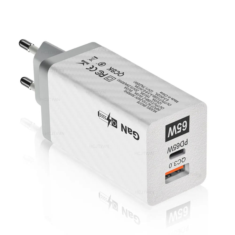 65W Gallium Nitride laptop charger in black with compact rectangular design showing USB+PD port