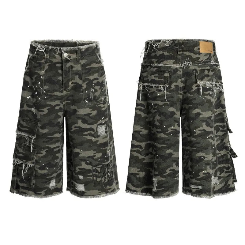 Camouflage casual shorts, cotton wide leg summer workwear burrs set, sizes S to 2XL