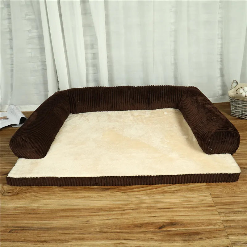 Corduroy pet sofa dog bed with removable cover in coffee colour showing non-slip base
