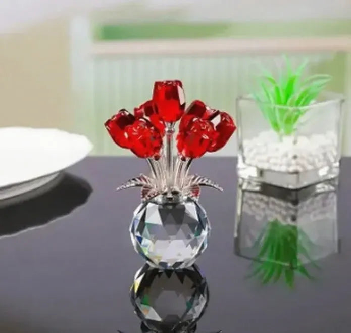 K9 crystal glass rose decorative craft in Chinese-style geometric form on a plain background.
