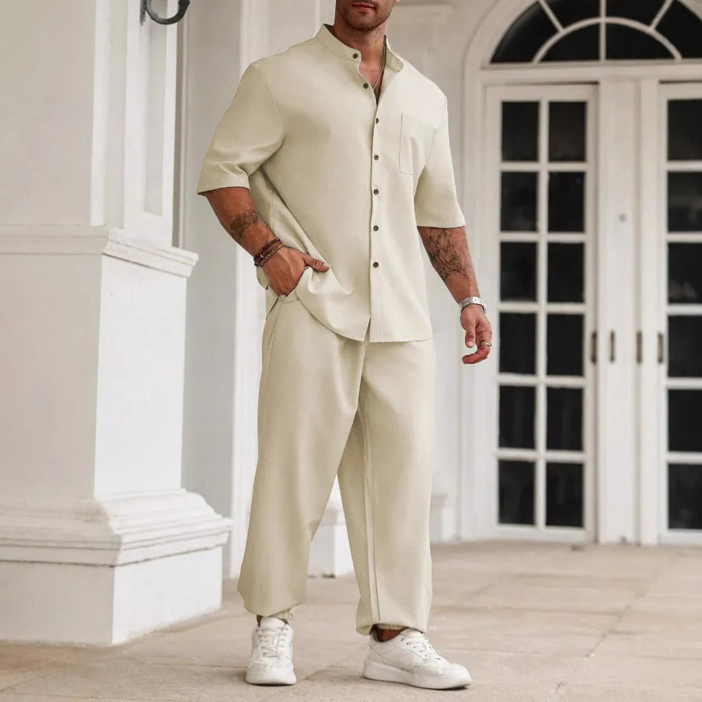 Men's apricot coloured cotton linen casual short-sleeve shirt and long trousers set laid flat